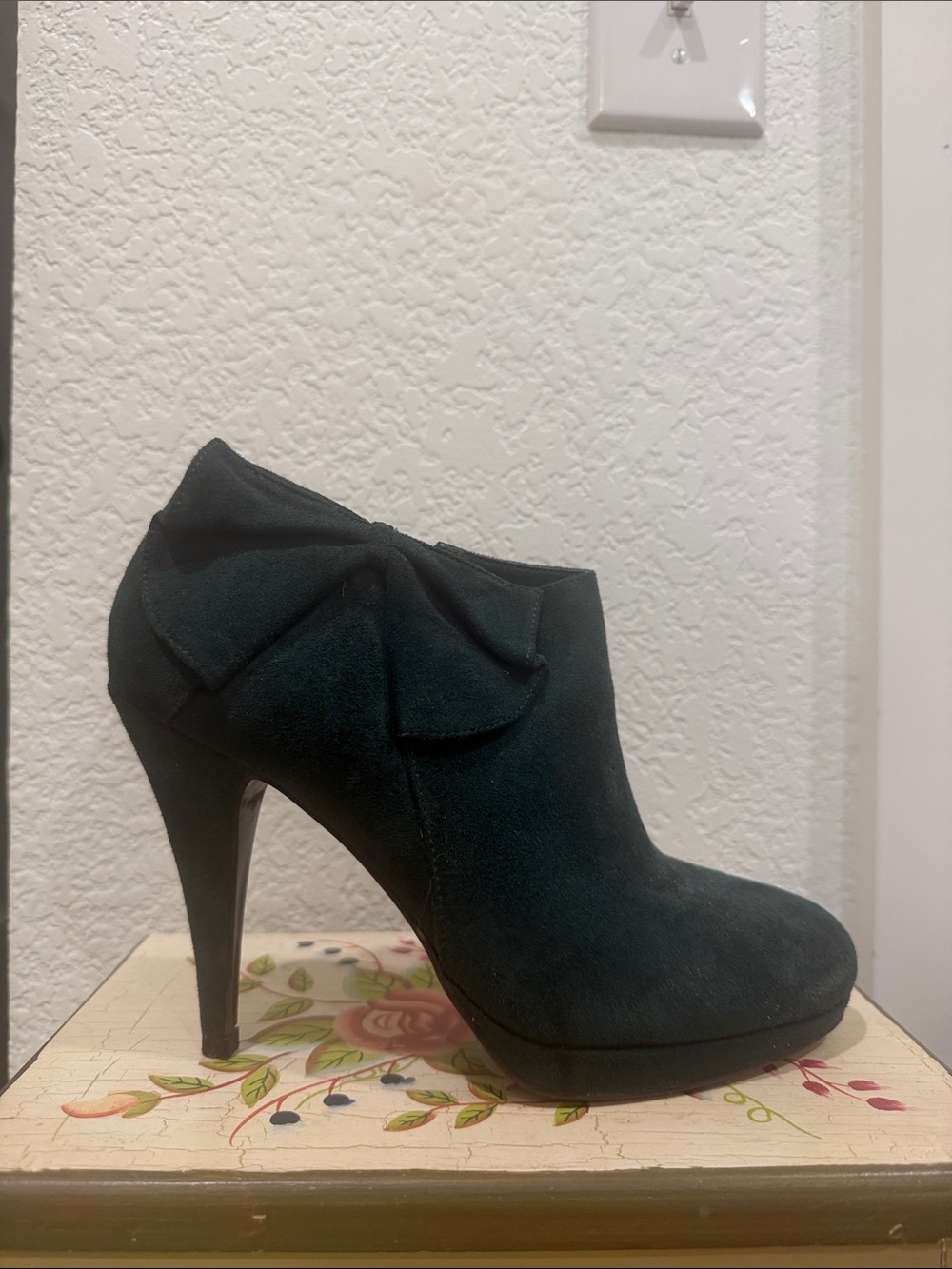 Impo Black Suede High-Heel Ankle Boot with Side Bow